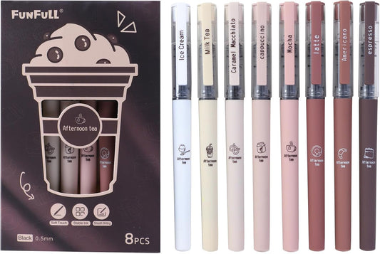 Aesthetic Cute Stick Rollerball Pens, 8pcs Quick Dry Colored Liquid Ink Pens, 0.5mm Fine Point Coffee Pens Soft Touch Smooth Writing for Journaling School Supplies (8 Pack, Multicolor Ink)