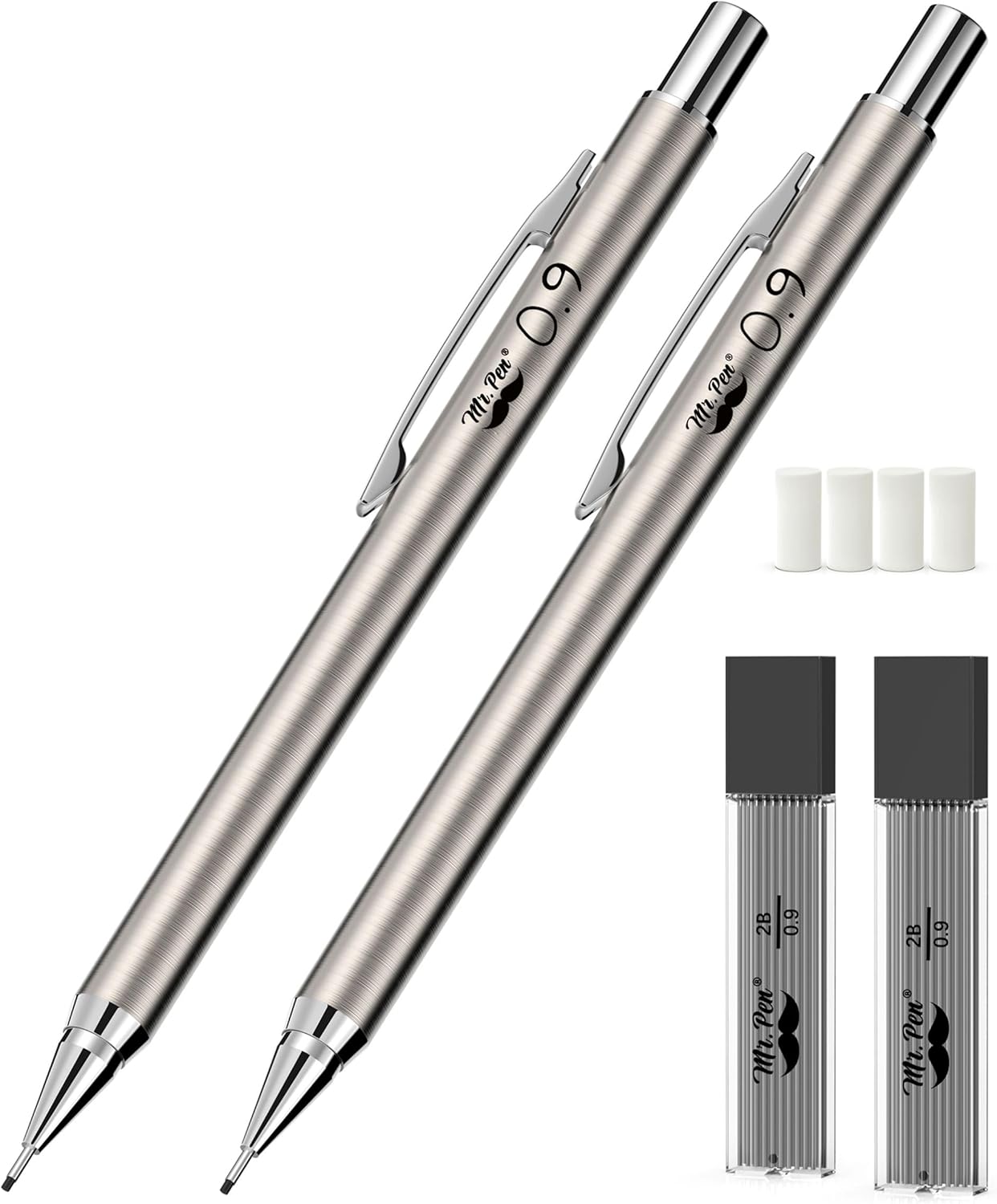 Mr. Pen- Metal Mechanical Pencil Set with Lead Refills & Erasers, 2mm, HB & Colored Lead Refills, 4x Eraser Refills for School Supplies, Note Taking, Drawing, Sketching, Office