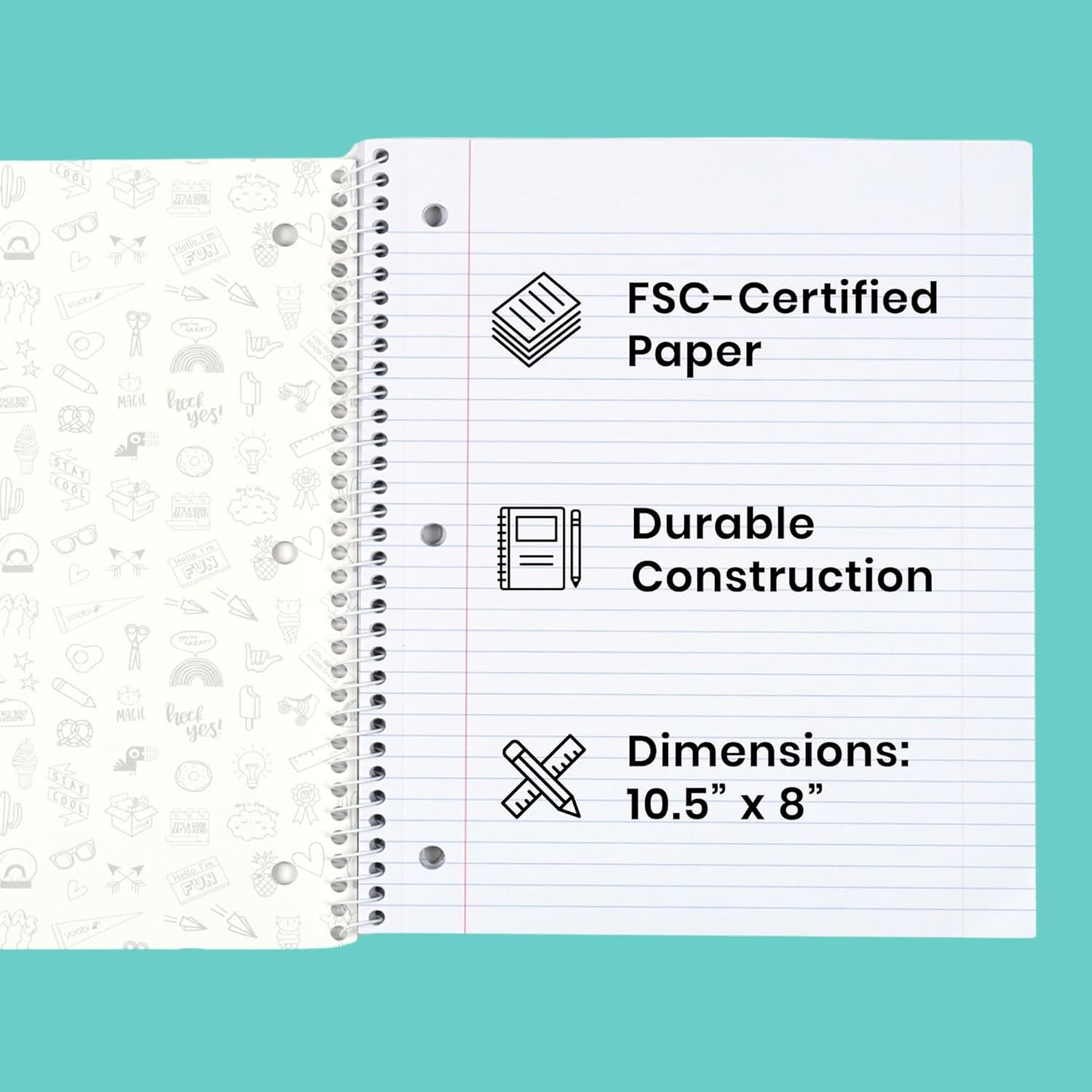 Yoobi College Ruled 8 x 10.5” Spiral Notebook Set – 3-Pack of 1 Subject Notebooks, Pink, Purple & Black Celestial Patterns – 150 Perforated 3-Hole Punched Sheets
