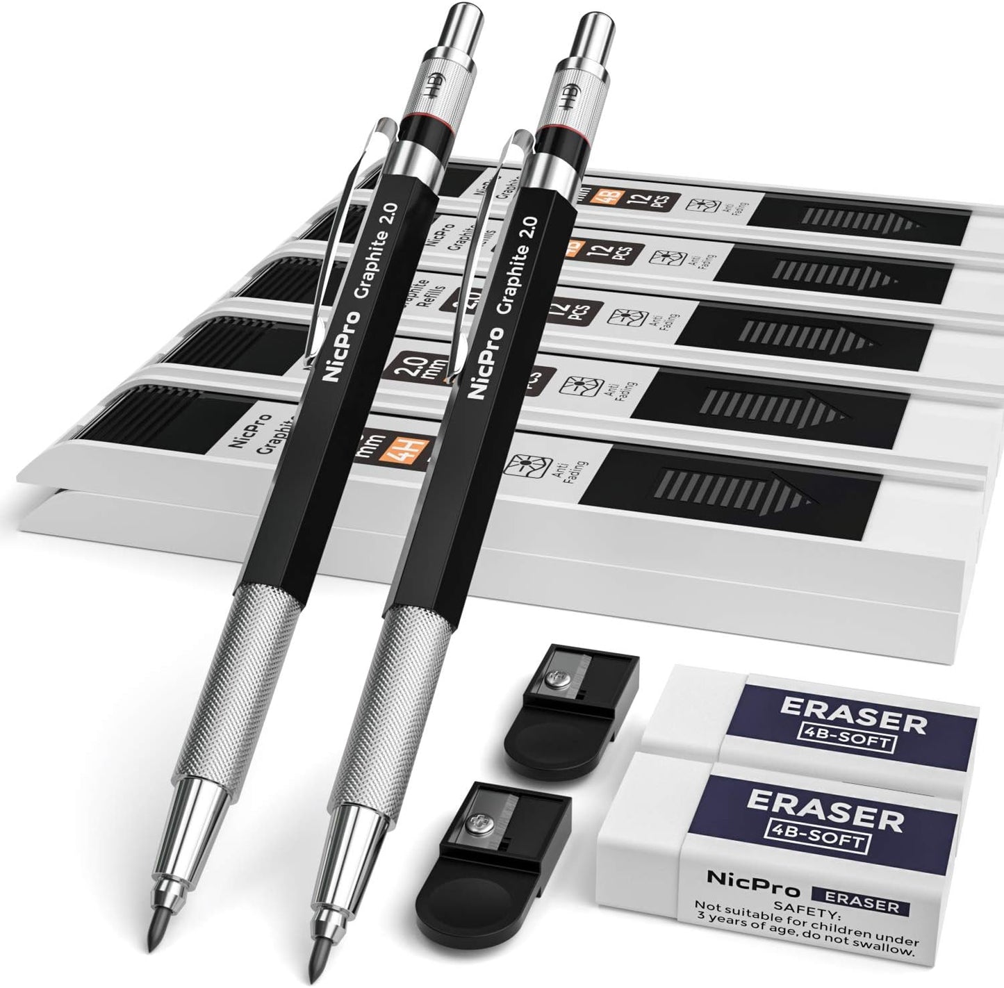 Nicpro 2mm Metal Mechanical Pencil Set with Case, 3PCS Lead Pencil Holder 2.0 mm with 144PCS Lead Refills (4H 2H HB 2B 4B 6B Color), Eraser, Sharpener for Drafting Writing Drawing Sketching