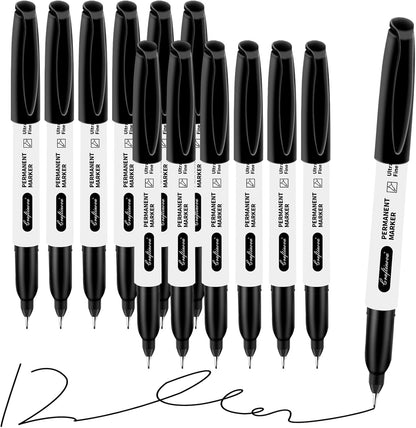 Black Ultra Fine Point Permanent Markers, Extra Fine Tip, Quick Drying and Waterproof, Fade Resistant Perfect on Paper, Glass, Metal, Plastic, Wood, Office & School Use, 12 Pack
