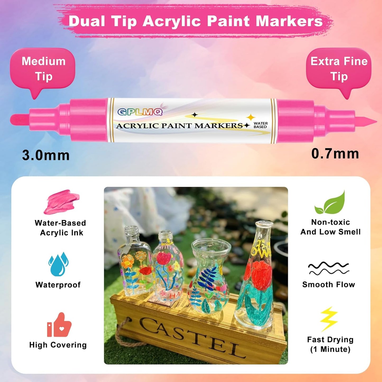 Paint Markers Paint Pens - 2 Pack Dual Tip Acrylic Permanent Marker (0.7mm & 3mm), Non-Toxic, Water-Based for Art Painting, Stone, Ceramic, Glass, Wood, Fabric, Metal, DIY Crafts (White)