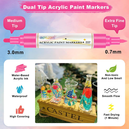 Paint Markers Paint Pens - 2 Pack Dual Tip Acrylic Permanent Marker (0.7mm & 3mm), Non-Toxic, Water-Based for Art Painting, Stone, Ceramic, Glass, Wood, Fabric, Metal, DIY Crafts (White)