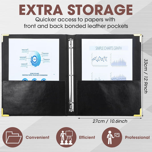 Marspark 2 Pcs 3 Ring Binder Professional Leather Binder Organizer Vintage Hardback Letter Size 8.5 x 11 Documents Round Rings Holds 200 Sheets with 2 Inner Pockets(1 Inch,Brown, Black)