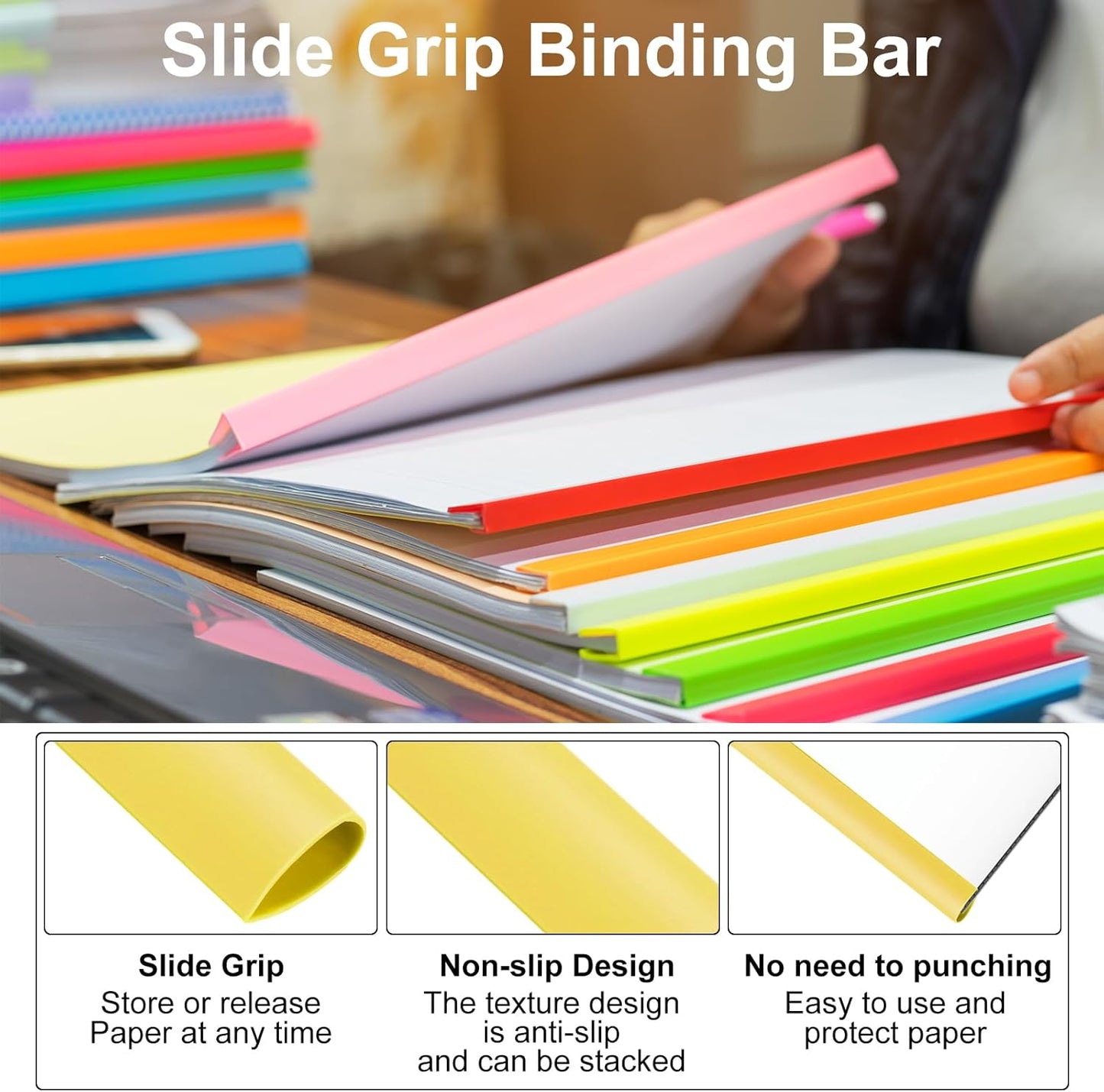PATIKIL 20Pcs Binding Bars, 13x8mm Binding Bars Slide Grip 50 Sheets Capacity A4 Size Report Binder Presentation Binder for Study Office Report Cover Resume, Transparent Yellow