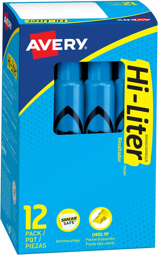 Avery Hi-Liter Desk-Style Highlighters, Smear Safe Ink, Chisel Tip, 12 Fluorescent Blue Highlighters (24016)