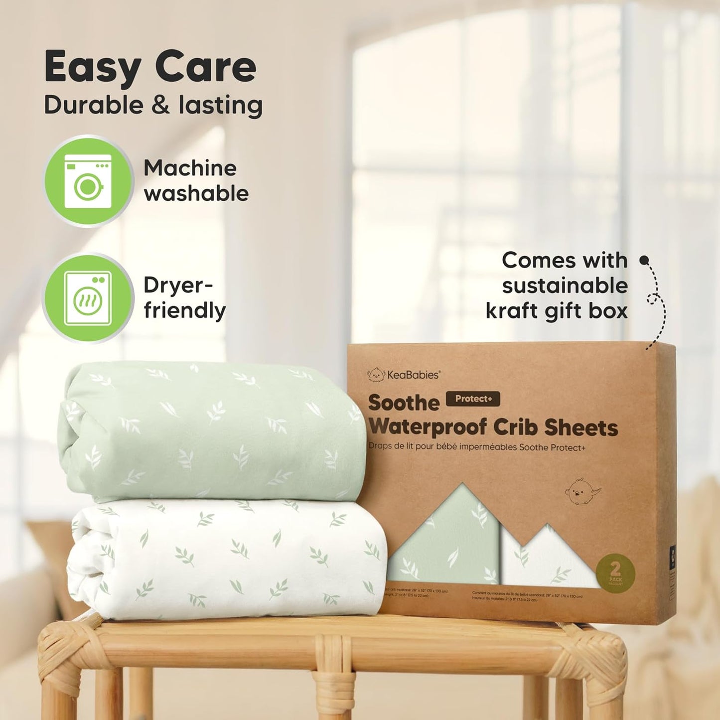 2-Pack Waterproof Crib Sheets for Boys, Girls - 52x28 Fitted Organic Cotton Baby Crib Sheets, Toddler Mattress Protector Cover, Washable, Soft & Durable Baby Bedding Essentials(Pine Grove)