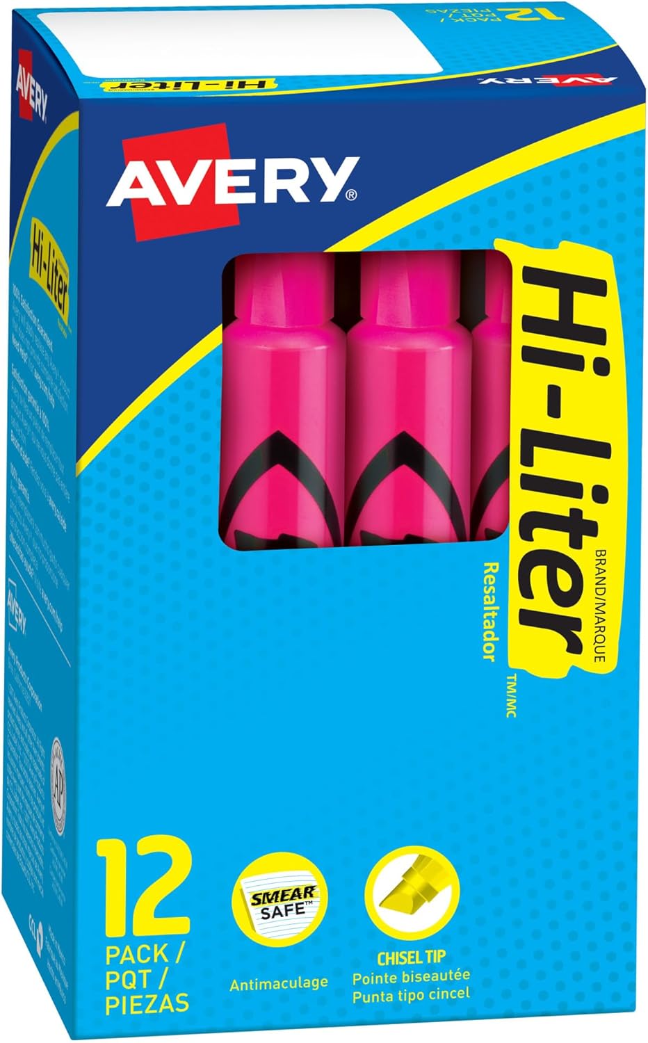 Avery Hi-Liter Desk-Style Highlighters, Smear Safe Ink, Chisel Tip, 12 Fluorescent Pink Highlighters (24010)