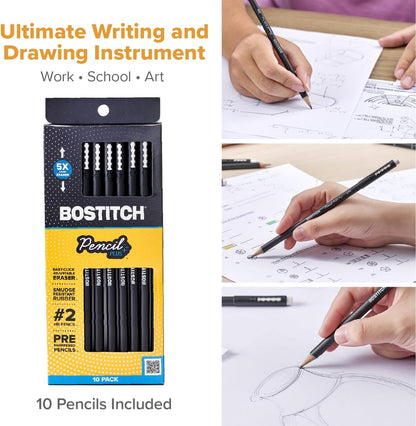 Bostitch, Wood-Cased Pencil Plus, Retractable Eraser, American Cedar Wood, #2 HB, Round, Matte Black, Pre-sharpened, Six Pack