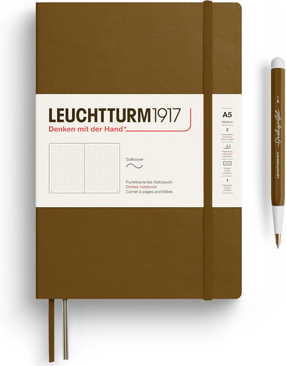 LEUCHTTURM1917 - Notebook Softcover Medium A5-123 Numbered Pages for Writing and Journaling - Thinking Ahead (Dotted Paper, Spice Brown)