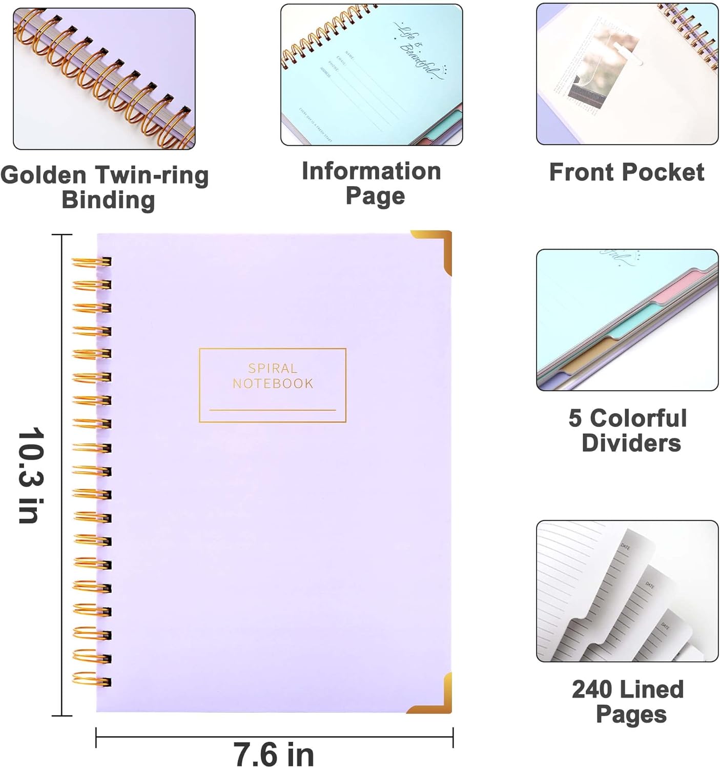 Hardcover Spiral Notebook with Tabs 8"x10" Large Spiral Lined Journals for Women with Dividers 240 Pages College Ruled Composition Notebook 5 Subject Notebook for Work, Back to School, Gifts, Purple