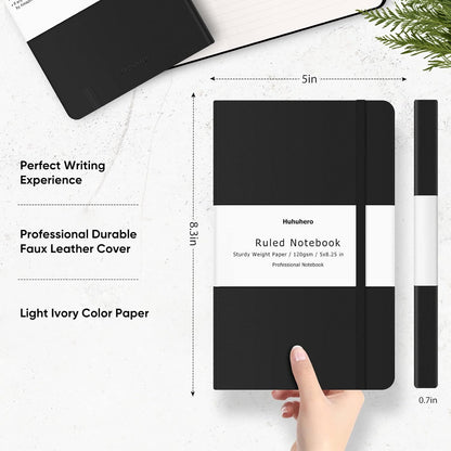 Huhuhero 5 Pack Lined Journal Notebooks, Hardcover Notebook for Work School Office, 5"×8.25", 120Gsm Thick Ruled Writing Journals for Note Taking Business, Black