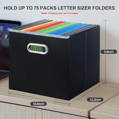 Oterri File Organizer Box, Portable Collapsible Cardboard File Folder Organizer with Handle for Letter Size Hanging Files, Document Storage Box for Home Office & Classroom (4 Packs, Black)