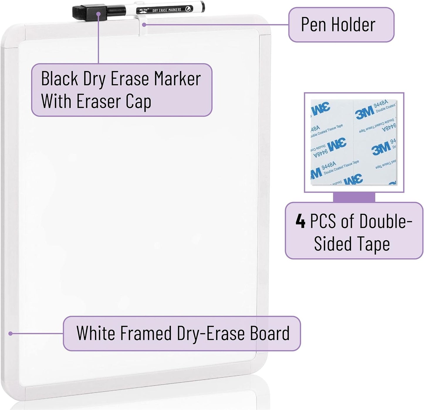 Mr. Pen- Dry Erase Board, 14” x 11” with a Black Dry Erase Marker, White Frame, Small Mini White Board for Students, Fridge, Wall, Locker, Includes Double Sided Tapes