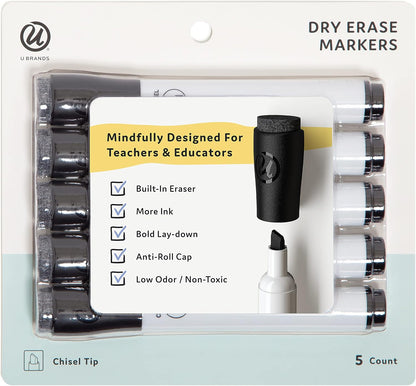 U Brands Fine Tip Dry Erase Markers with Eraser, Whiteboard Markers with Chisel tip, Low Odor, Black, Set of 5