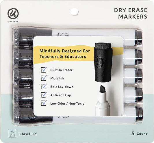 U Brands Fine Tip Dry Erase Markers with Eraser, Whiteboard Markers with Chisel tip, Low Odor, Black, Set of 5