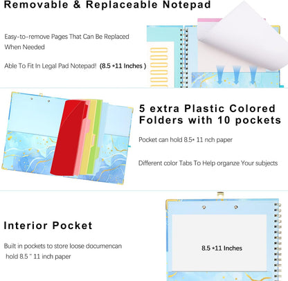Foldable Spiral Clipboard Folio with Refillable Lined Notepad,5 Plastic Folders with 10 Pockets,Storage Clipboard Folder with Labels,Clipboards with Storage for Office Planner Clip Board-Pale Blue