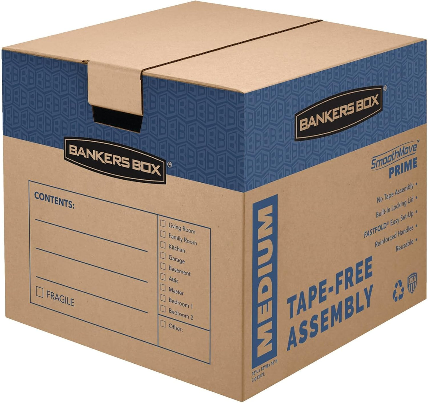 Bankers Box Large Prime Moving Box 6 Pack, Reinforced Handles, Tape-Free Assembly, Attached Lid, 18-in x 18-in x 24-in (0062904)