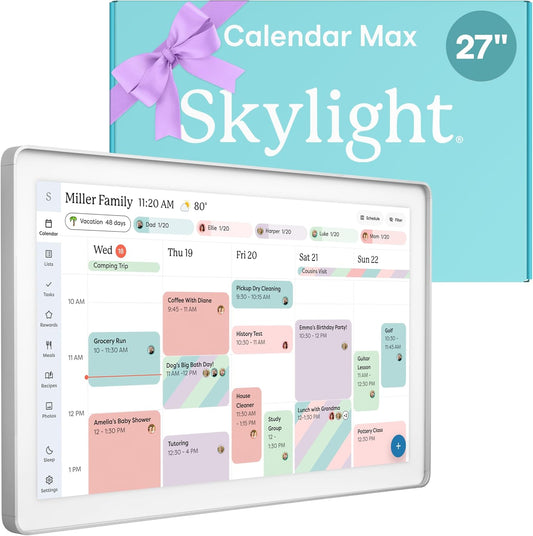 Skylight Calendar Max: 27-Inch Smart Digital Calendar & Chore Chart, Family Organizer with Interactive Touchscreen Display – Wall Mountable in Portrait or Landscape, Classic White Frame