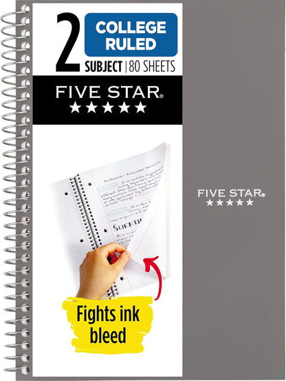 Five Star Spiral Notebook, 2 Subject, College Ruled Paper, 6" x 9.5", 80 Sheets, Blue (Color May Vary) (840029CG1)