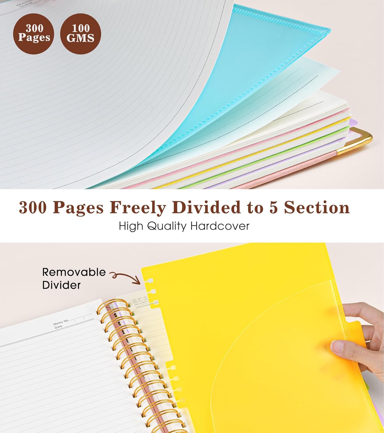 Hardcover Large Spiral Notebook 8.5" x 11" with Removable Dividers Tabs, 300 pages Leather 5 Subject Notebook College Ruled, A4 Journal for Women Men, Notebooks for Work School Note taking,Black