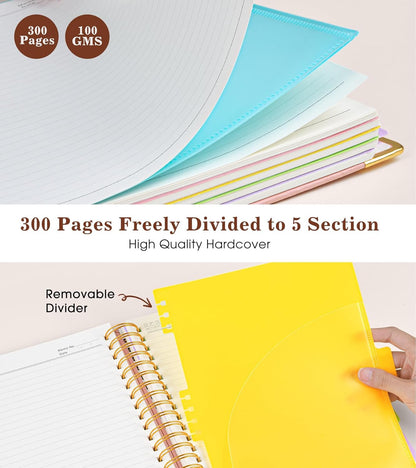 Hardcover Large Spiral Notebook 8.5" x 11" with Removable Dividers Tabs, 300 pages Leather 5 Subject Notebook College Ruled, A4 Journal for Women Men, Notebooks for Work School Note taking,Black