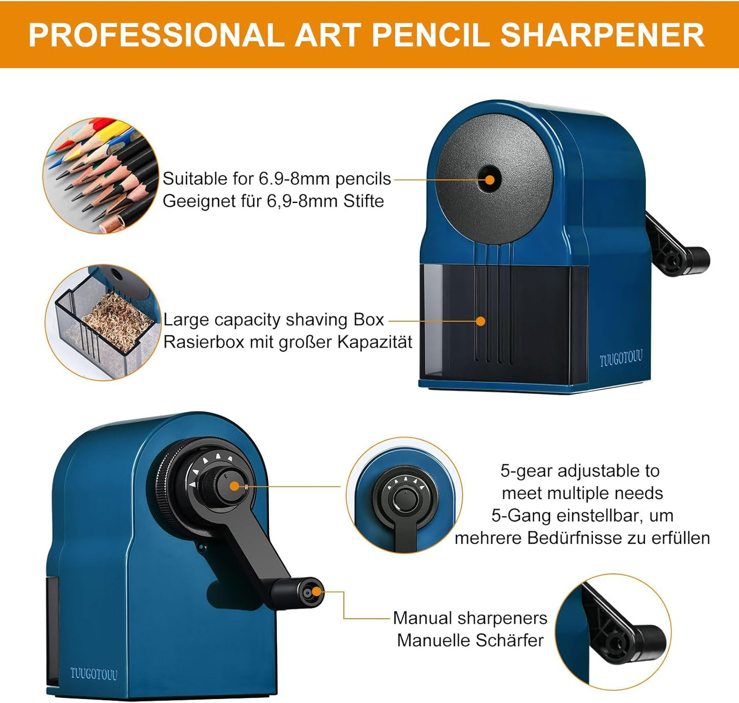Manual Pencil Sharpener Hand Crank Pencil sharpeners for Kids Adjustable in 5 Grades of Thickness Suitable for Kids,Artists,Students,and Office (Blue)