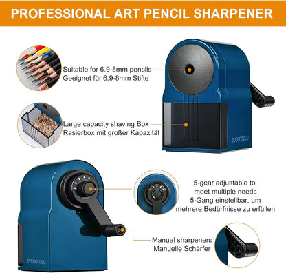 Manual Pencil Sharpener Hand Crank Pencil sharpeners for Kids Adjustable in 5 Grades of Thickness Suitable for Kids,Artists,Students,and Office (Blue)