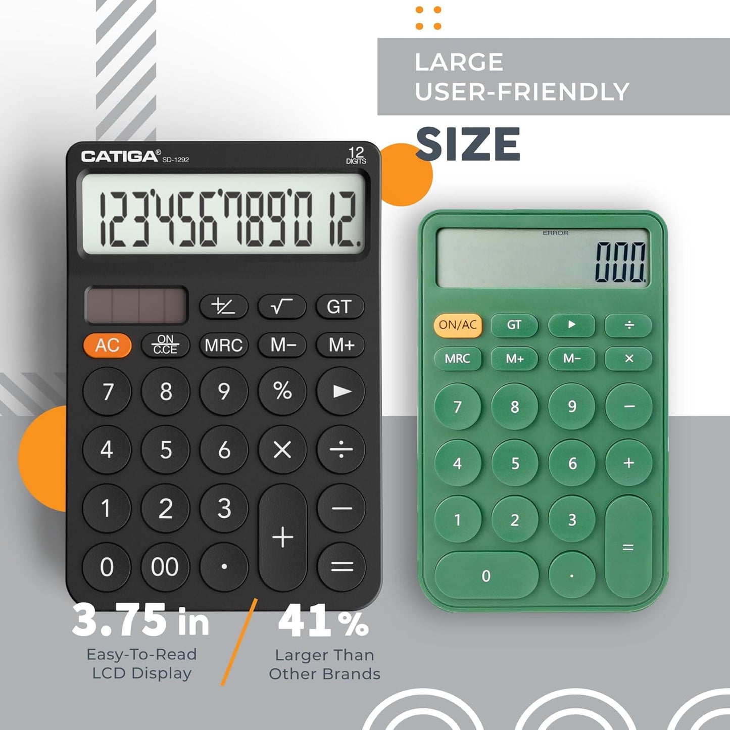 CATIGA 12 Digit Desktop Calculator Basic Desk Calculator with Large LCD Display, Big Buttons, 4 Function, Solar and Battery Dual Power, for Office, School, Home, SD-1292 Green