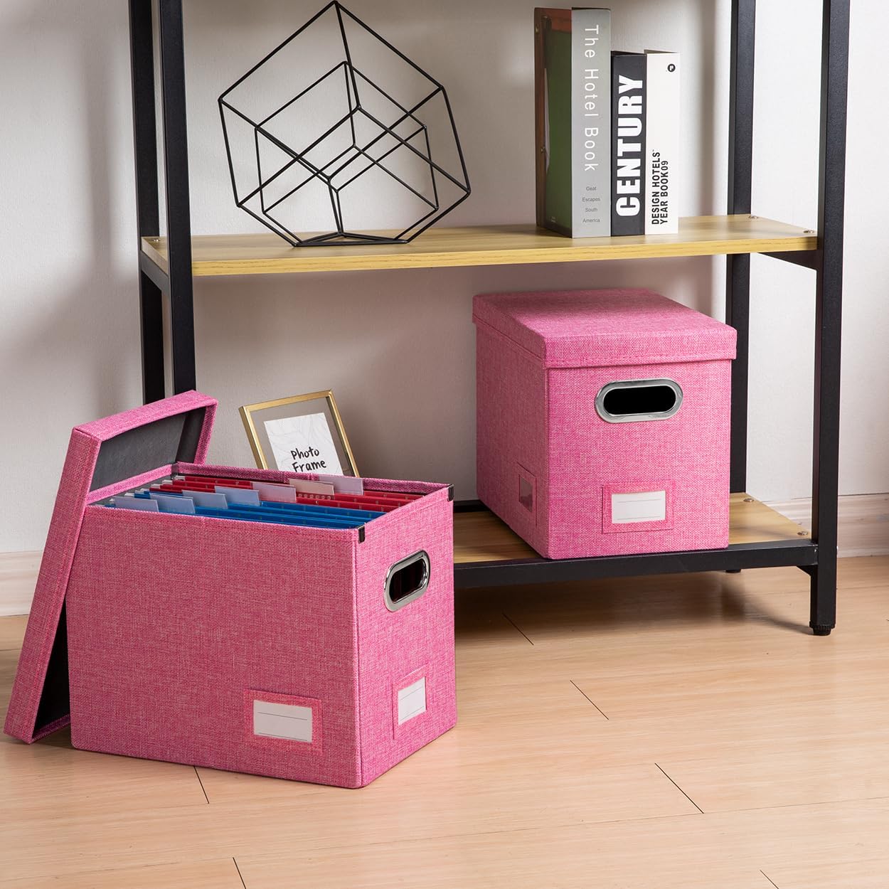 PRANDOM File Organizer Box - Collapsible Decorative Linen Filing Storage with Lids for Letter Size - Grey (14x9.3x10.8 inch)