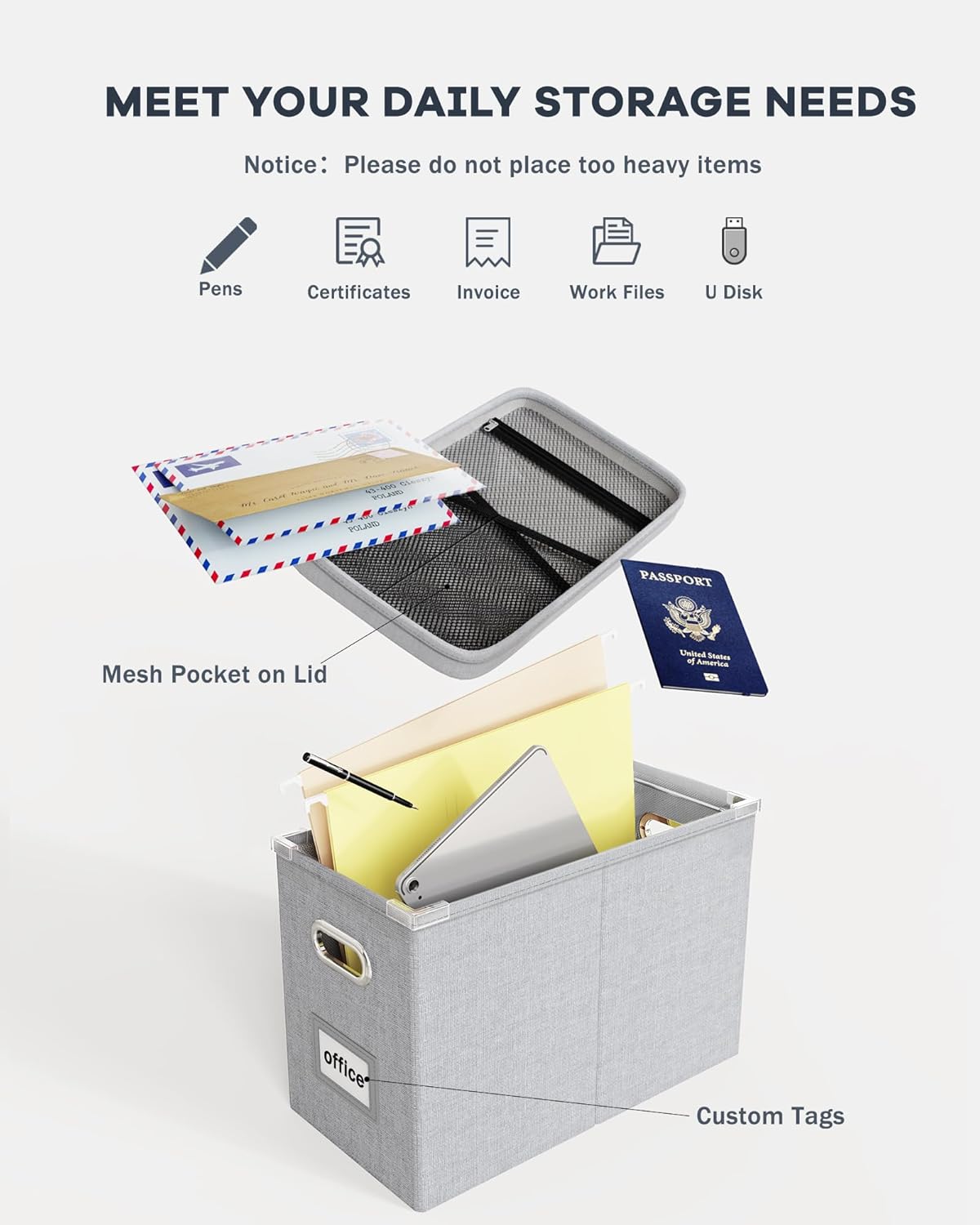 Oterri File Organizer Box with Lid, Hanging Filing File Box with Mesh Pocket, Document Organizer Box for Letter Files, Portable Storage Box with Smooth Sliding Rail for Office&Home (1 PCS, Beige)