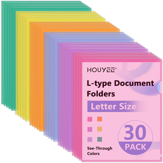 HOUYEE 30 Pack Clear Document Folders, L-Type Plastic File Folder Sleeves, Project Folders Paper Sheet Protectors for 8.5" x 11" Letter Size, for Home, Office, and School Use (6 Assorted Colors)