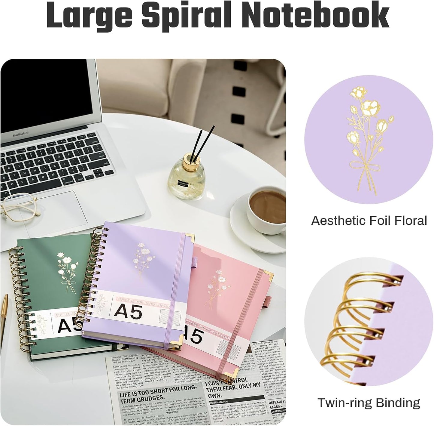 Hardcover Spiral Notebooks 8.5" X 11" Note Taking 5 Subject Notebook College Ruled with Dividers 240 Pages 100GSM Aesthetic Spiral Notebook for Work School Cute Journals for Women Writing