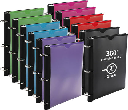 360 Degree Pivotable Binder, Upgraded 3 Ring Binder 1 inch 4 Pack, Flexible Binders 3 Ring, Foldable Three Ring Binders- Black, White, Blue, Red