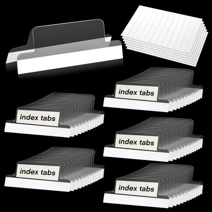 Gueevin 100 Pieces 1.5 Inch Insertable Self Adhesive Index Tabs with Paper Printable Inserts Clear Plastic Sticky File Folder Labels Hanging File Tabs for Notebooks Book Page Folders
