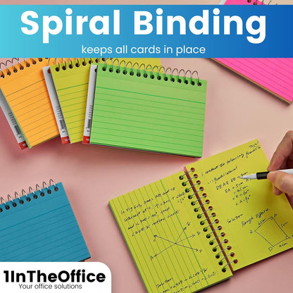 1InTheOffice Spiral Index Cards 3x5, Ruled Neon, Lined, Assorted Colors, 50 Cards/Pack (4 Pack)