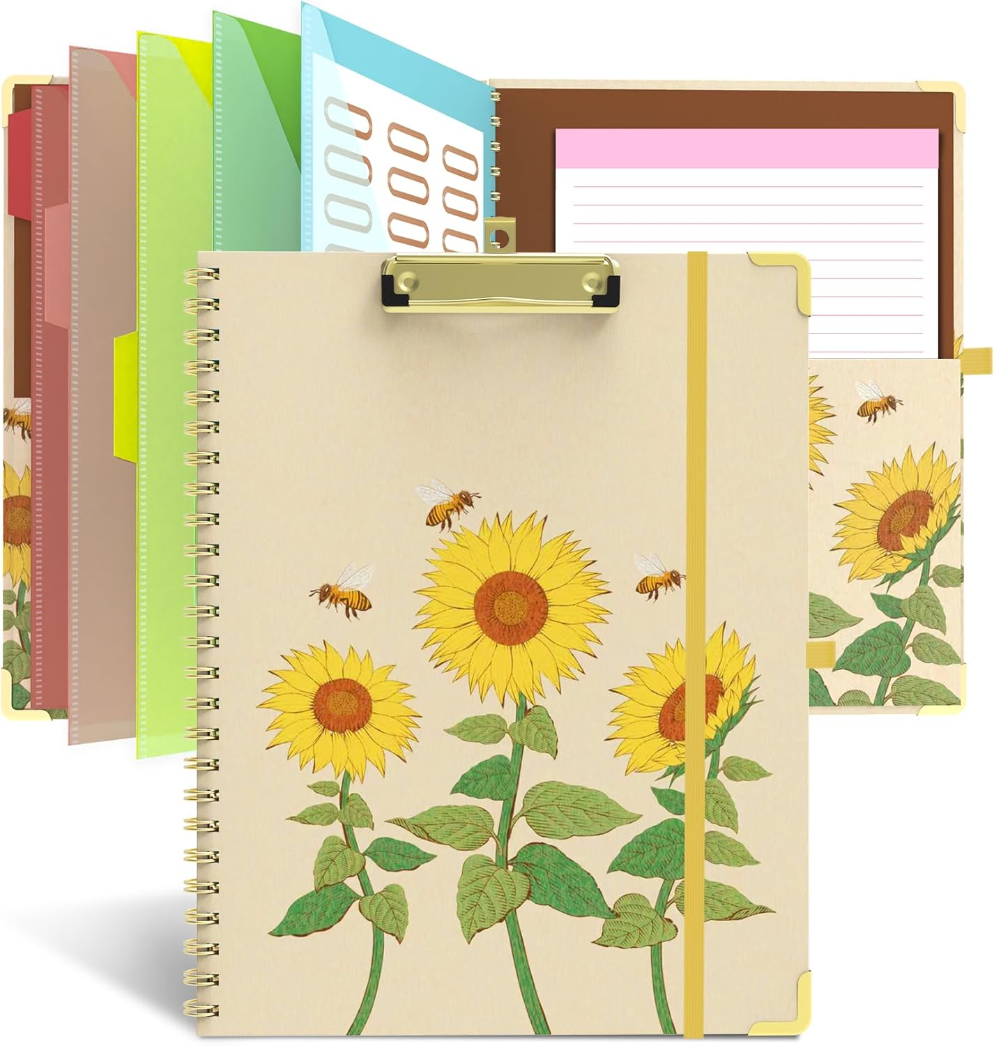 Clipboard Folder with Notepad Refillable Lined for Letter Size (11" x 8.5"), 5 Dividers with Storage 10 Pockets, Cute Spiral Foldable Clipboard with Metal Clip School Office Supplies (Sunflowers)