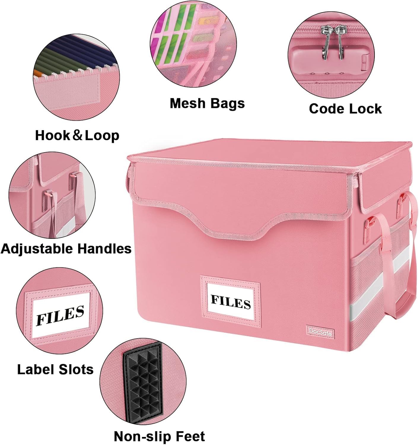 DocSafe Fireproof Document Box with Lock, File Storage Organizer with Mesh Pockets, Collapsible Portable File Box Home Office Safe Filing Cabinet with Handle for Hanging Letter/Legal Folder, Black