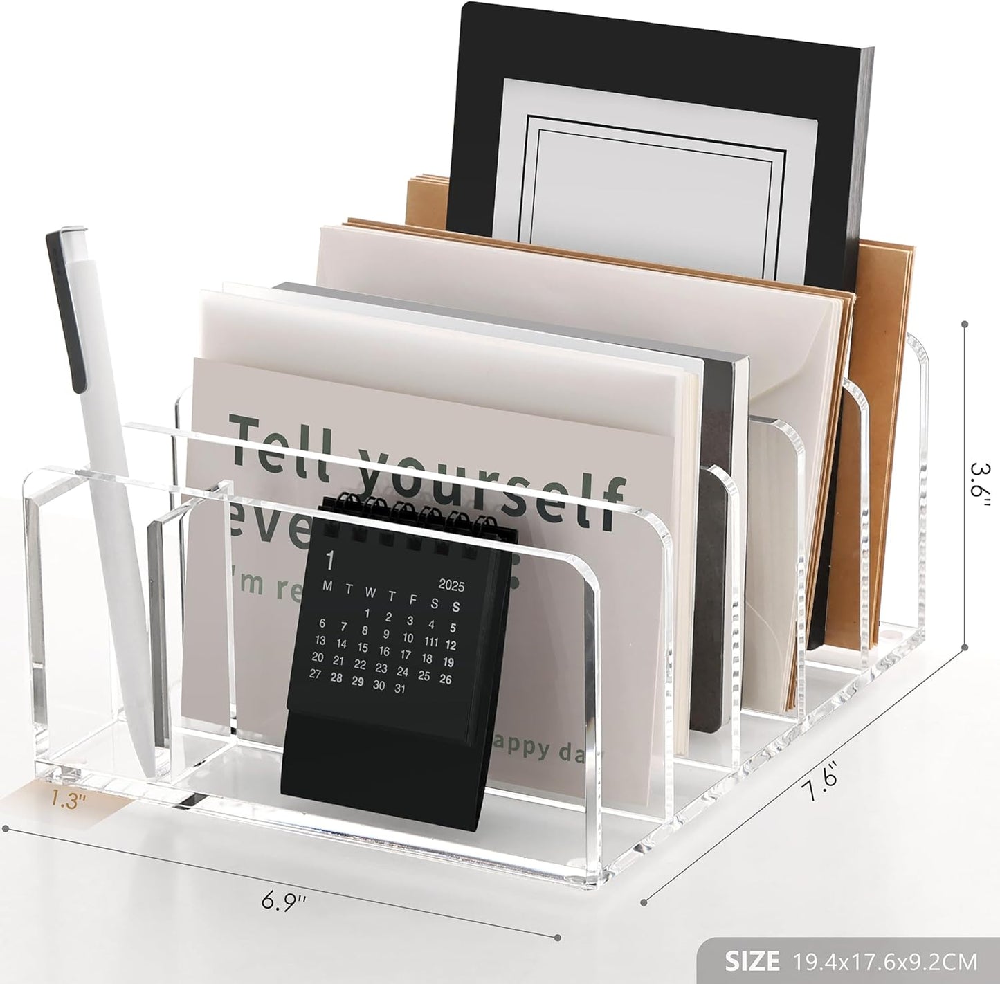 SANRUI 5 Compartments Acrylic Mail Sorter Holder, Clear Document Magazine Envelope File Rack, Vertical Letter Sorter & Multifunction Desk Organizer for Bills, Documents, Notebooks