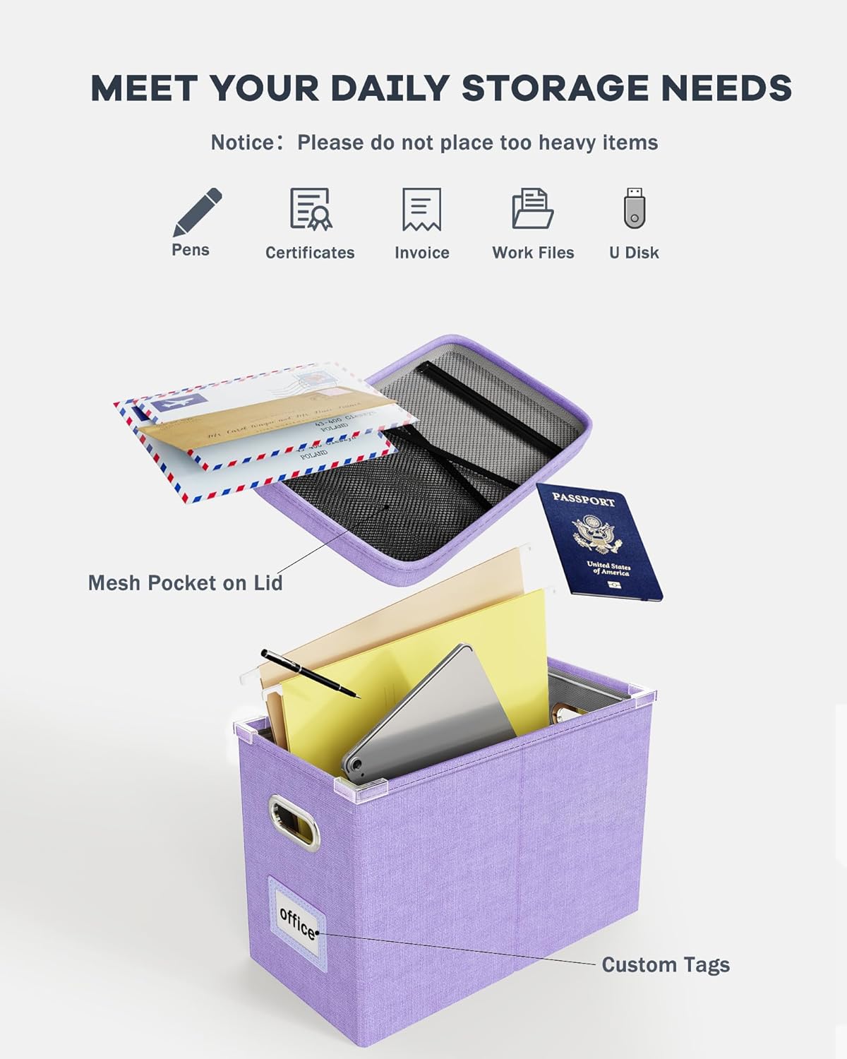 Oterri File Organizer Box with Lid, Hanging Filing File Box with Mesh Pocket, Document Organizer Box for Letter Files, Portable Storage Box with Smooth Sliding Rail for Office&Home (1 PCS, Beige)