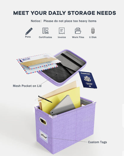 Oterri File Organizer Box with Lid, Hanging Filing File Box with Mesh Pocket, Document Organizer Box for Letter Files, Portable Storage Box with Smooth Sliding Rail for Office&Home (1 PCS, Beige)