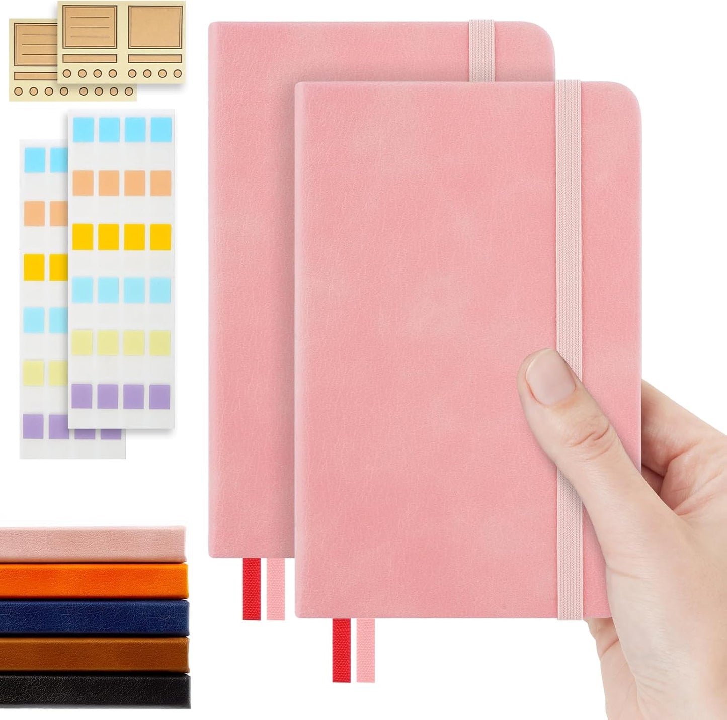 Pocket Dotted Notebook, 2-Pack Dot Grid Notebook, Dotted Journal with Stickers, 3.5" x 5.5" Hardcover, Small Mini A6 size, 160 Pages, 100 gsm Thick Paper, Cognac Brown