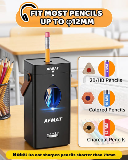 AFMAT Electric Pencil Sharpener, Rechargeable & Cordless, Fully Automatic Pencil Sharpener for Classroom, Auto in & Out, 5 Sharpness Modes, Heavy Duty Sharpeners for 6-12mm No.2/Jumbo Pencils PSC7