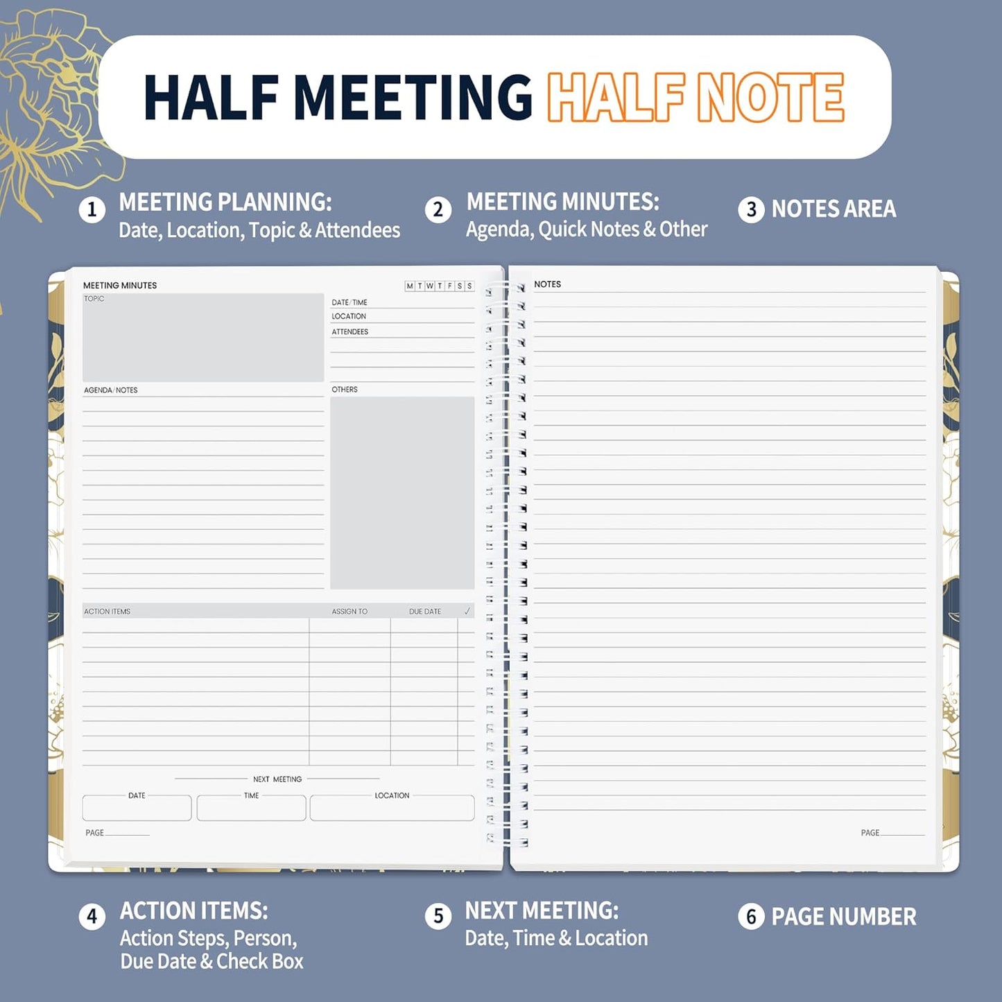 SUNEE Half Meeting Half Note - 7.5"x10" Professional Notebooks for Work - 160 Pages, B5 Size Project Planner, Spiral Meeting Agenda/Minutes Organizer for Women Men, Note Taking, Office & Business