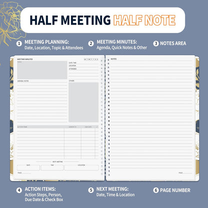 SUNEE Half Meeting Half Note - 7.5"x10" Professional Notebooks for Work - 160 Pages, B5 Size Project Planner, Spiral Meeting Agenda/Minutes Organizer for Women Men, Note Taking, Office & Business