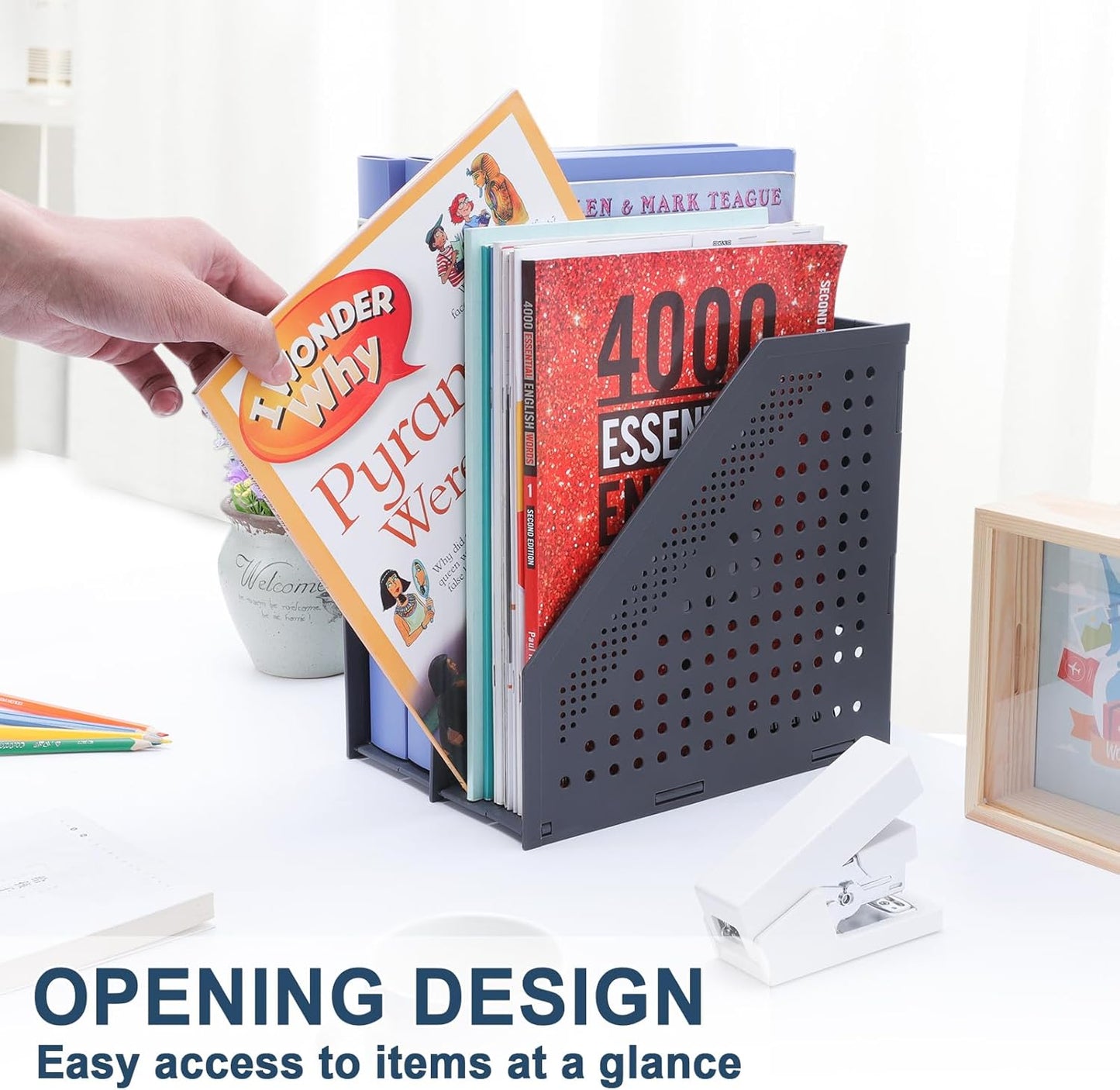 FRETONBA Collapsible Magazine File Holder with 2 Vertical Compartments Foldable Binder Holder for Desk Binder Storage Organizer Plastic Magazine Holders for Shelf, Light Gray