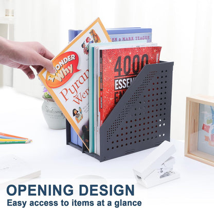 FRETONBA Collapsible Magazine File Holder with 2 Vertical Compartments Foldable Binder Holder for Desk Binder Storage Organizer Plastic Magazine Holders for Shelf, Light Gray