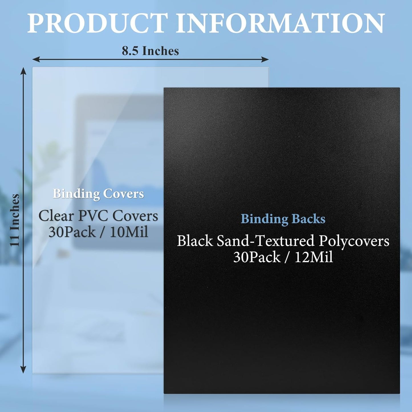 60 Pack Binding Covers and Backs Set, 8.5 x 11 Inches, 30P Clear PVC Covers (8 Mil), 30P Black Sand-Textured Polycovers (12 Mil)，Presentation Covers for Binding, Letter Size