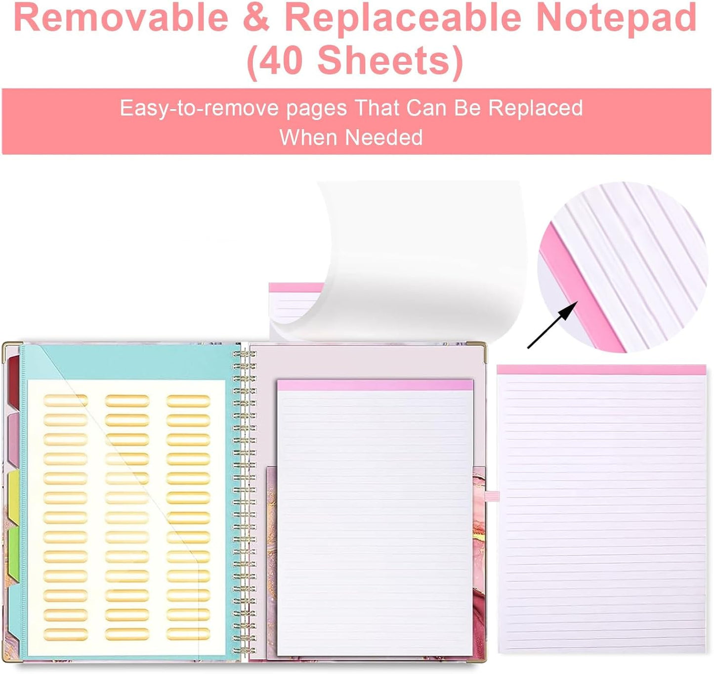 Clipboard Folio with Refillable Notepads, Marble Clipfolio with 5 Dividers with 10 Pockets, Spiral Clipboard Folder Design for School, Office, Work, Teacher, Students, Nurses (Pink, 9.4 x 12.8)