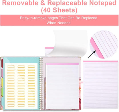 Clipboard Folio with Refillable Notepads, Marble Clipfolio with 5 Dividers with 10 Pockets, Spiral Clipboard Folder Design for School, Office, Work, Teacher, Students, Nurses (Pink, 9.4 x 12.8)